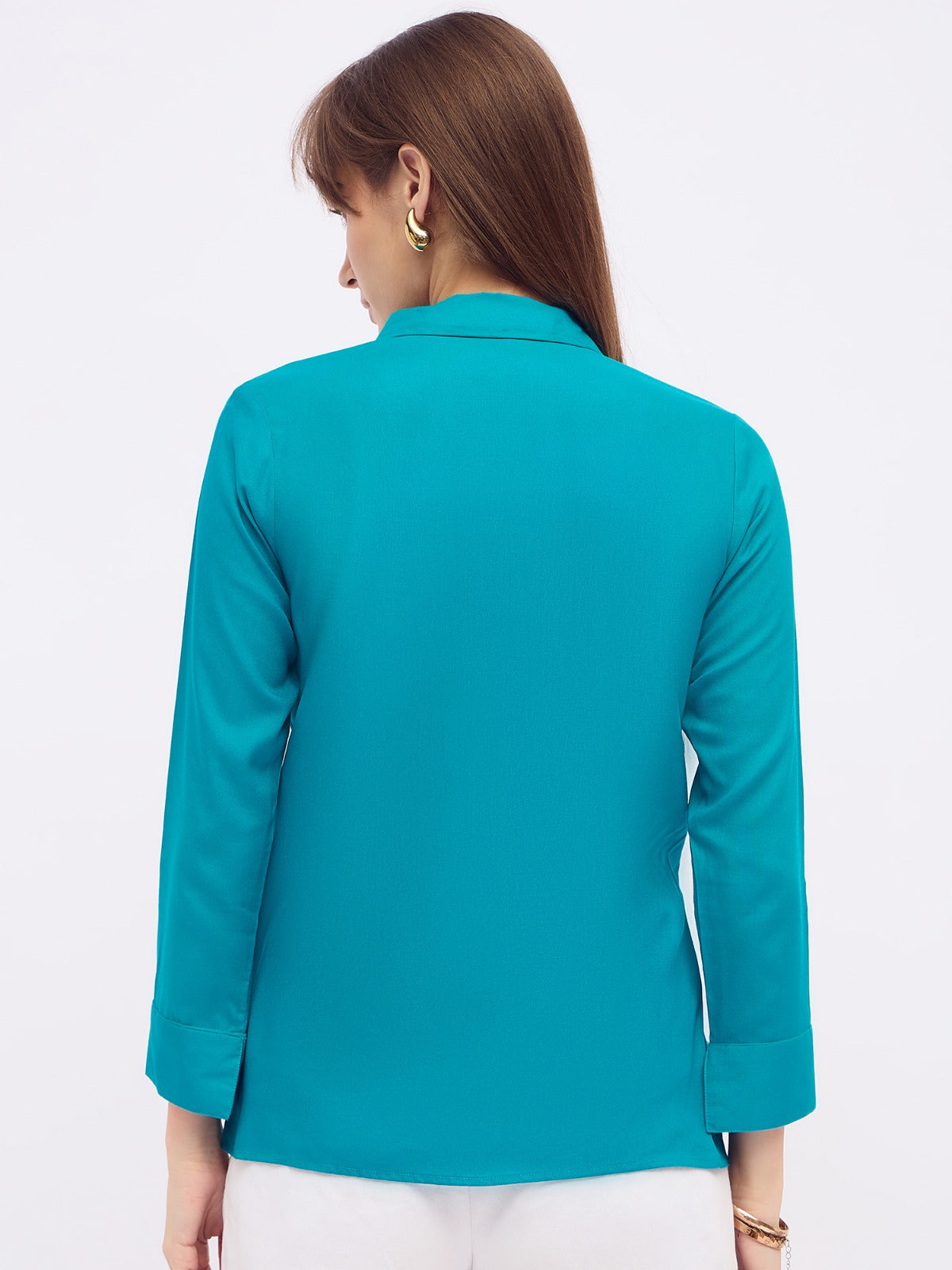 Women Teal Blue Button Down cotton top