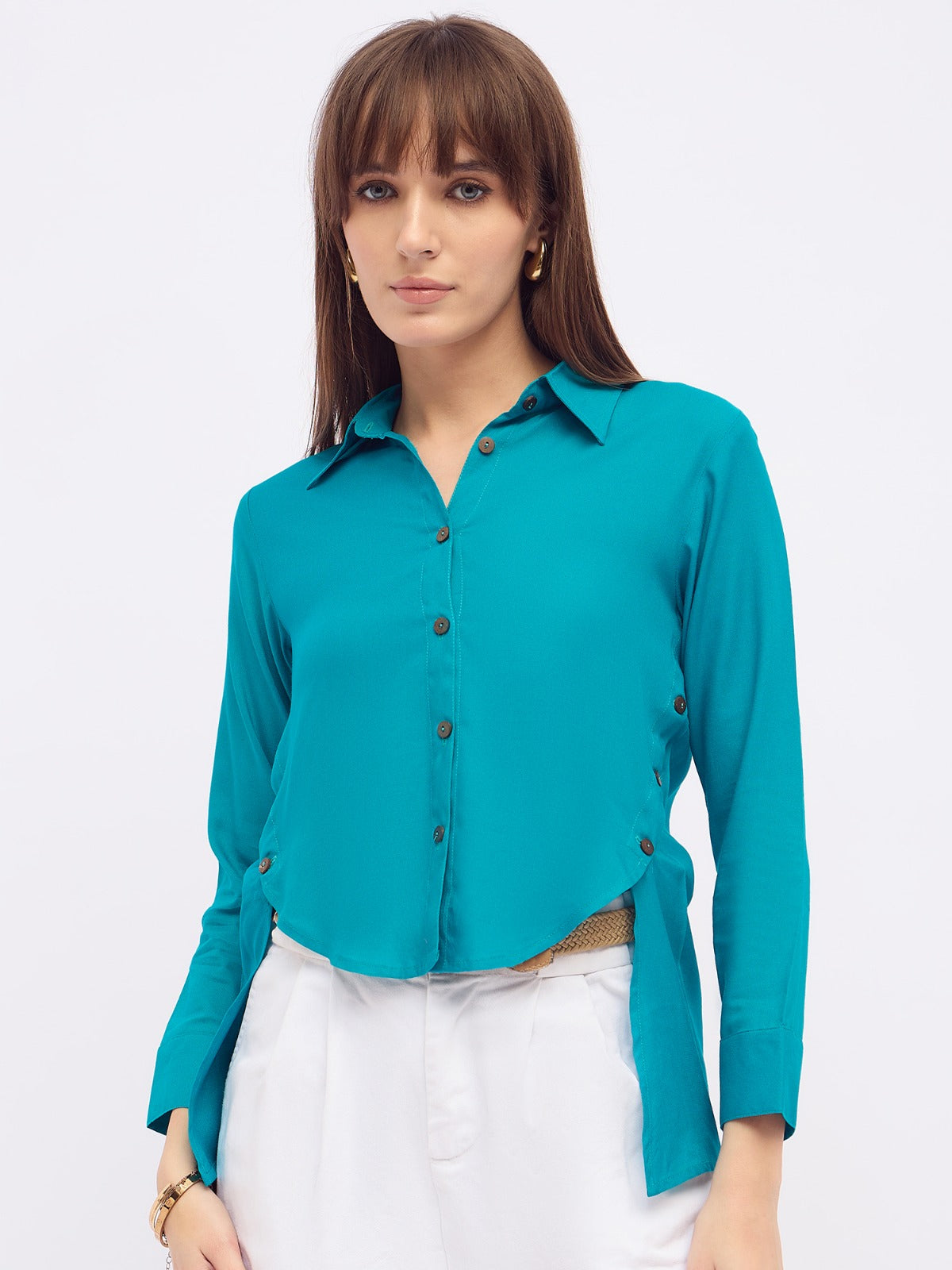 Women Teal Blue Button Down cotton top