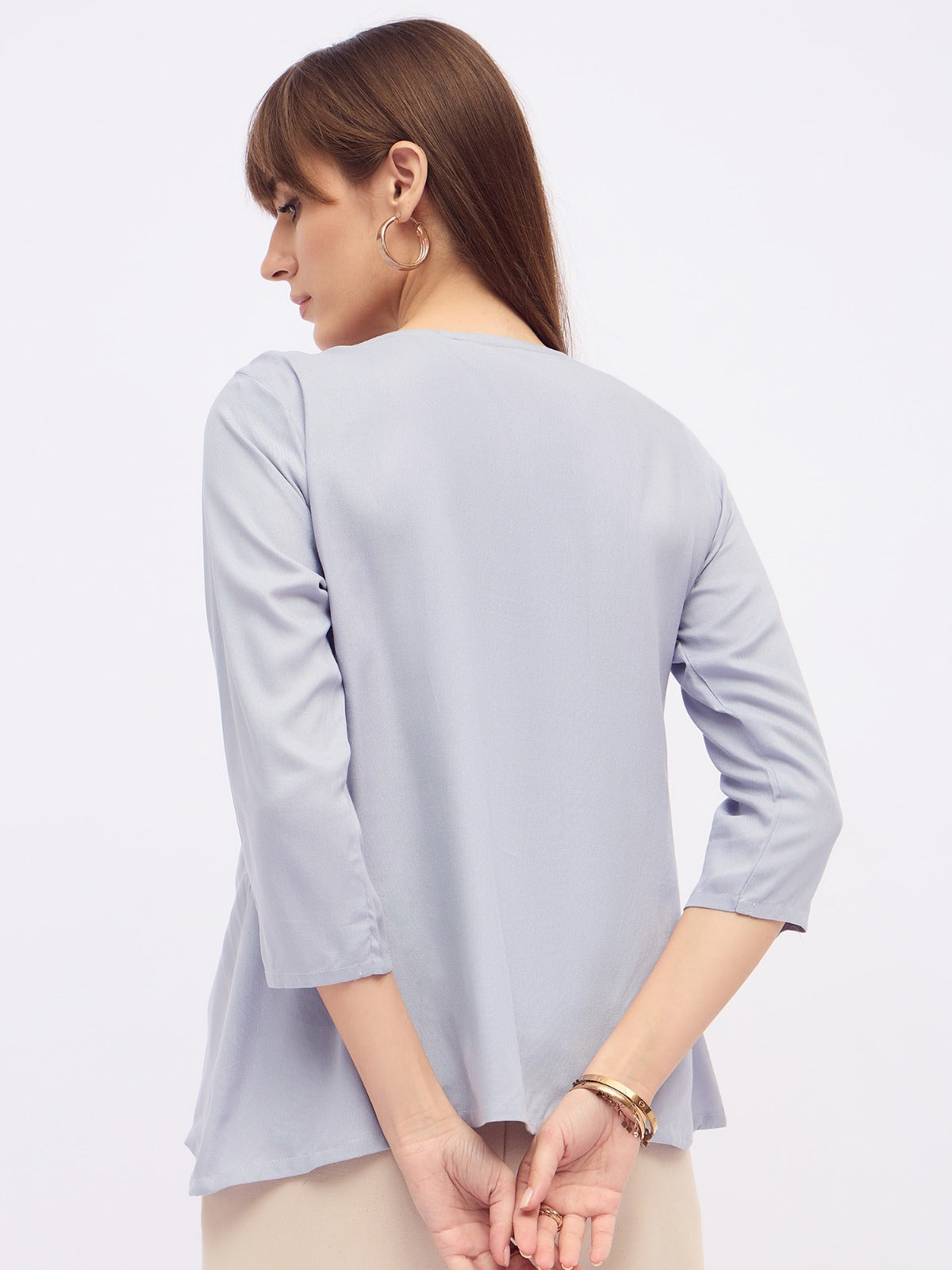 Women Gray Pintuck Pleated Cotton Top