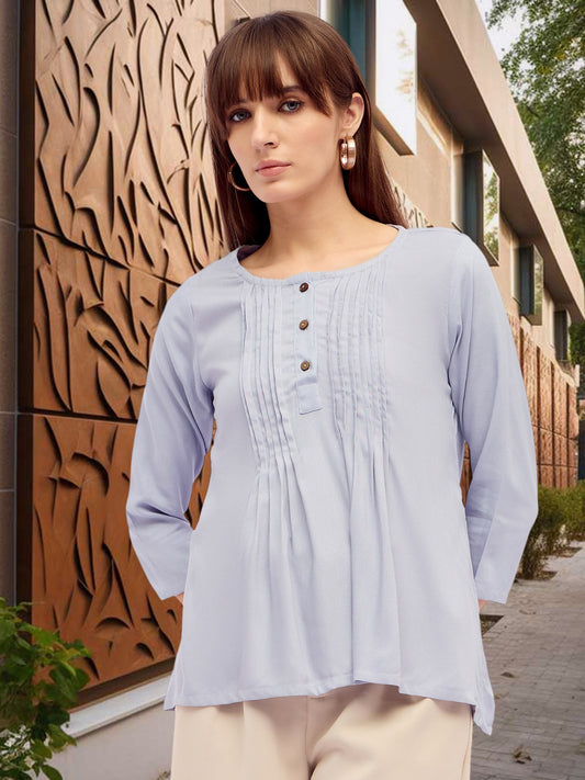 Women Gray Pintuck Pleated Cotton Top