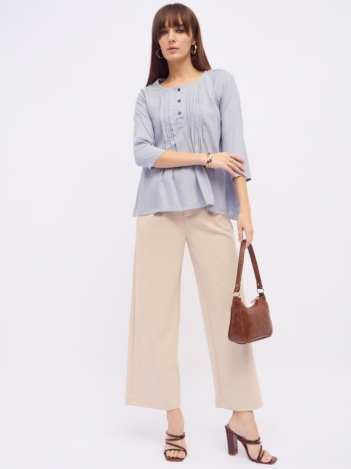 Women Gray Pintuck Pleated Cotton Top