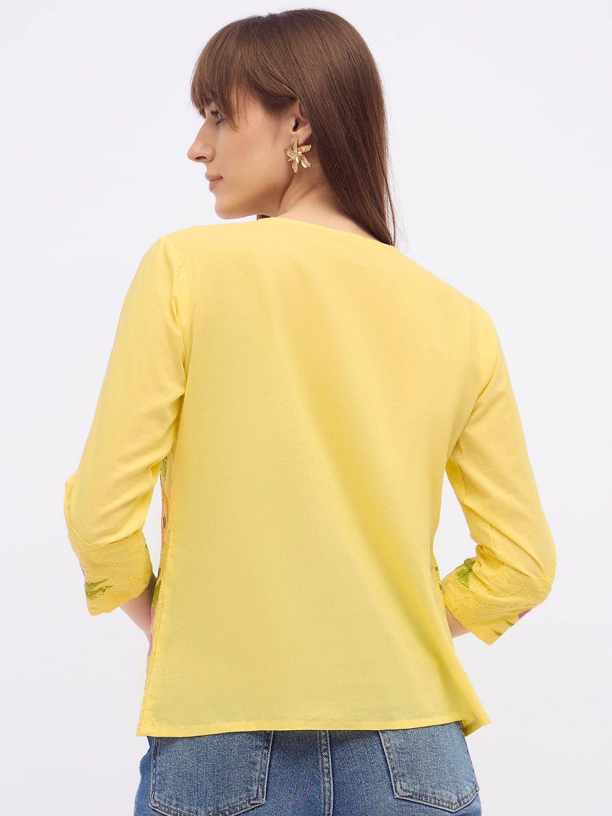 Women floral printed cotton Top with v-neck