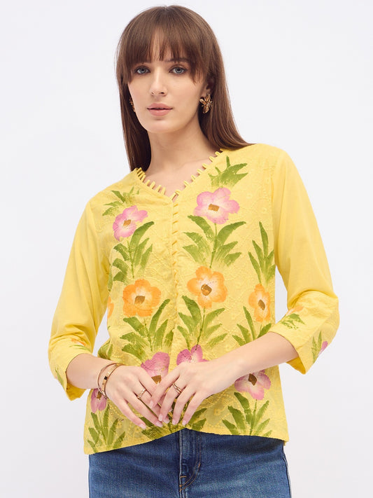 Women floral printed cotton Top with v-neck
