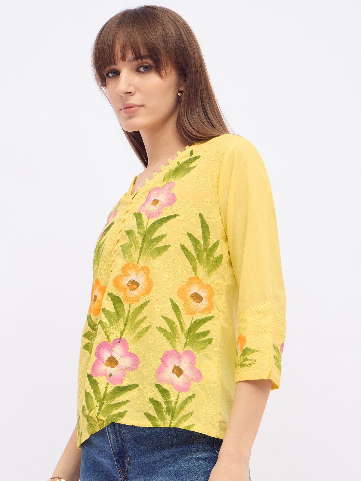 Women floral printed cotton Top with v-neck