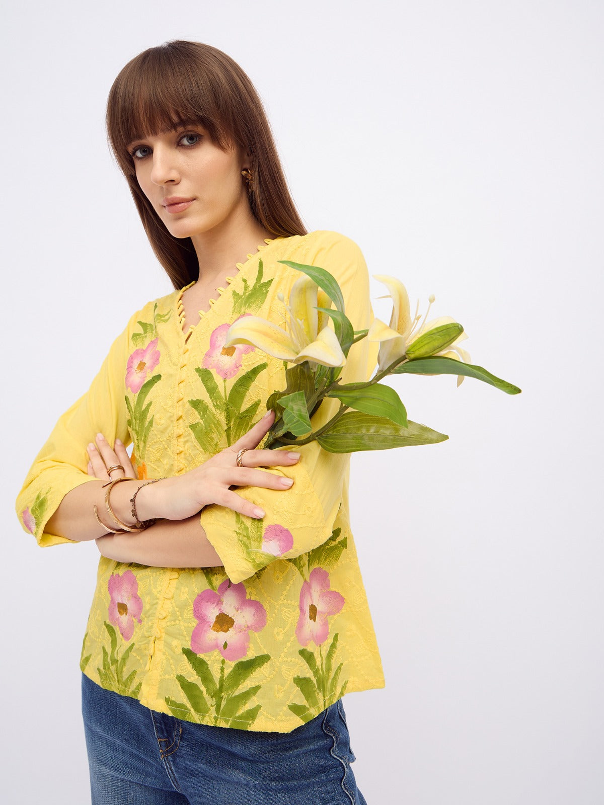 Women floral printed cotton Top with v-neck