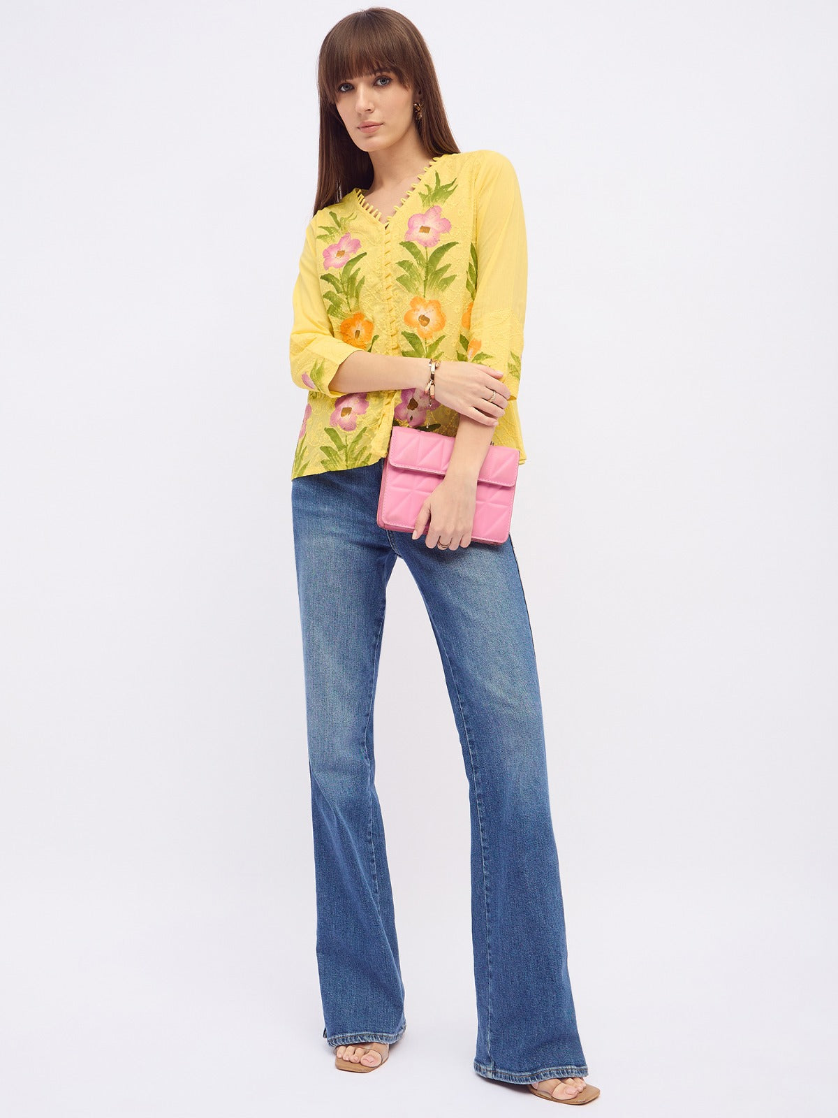 Women floral printed cotton Top with v-neck