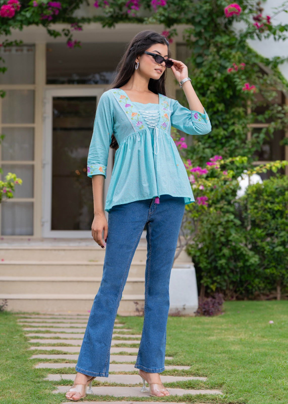Women floral embroidered cotton top with lace up neck