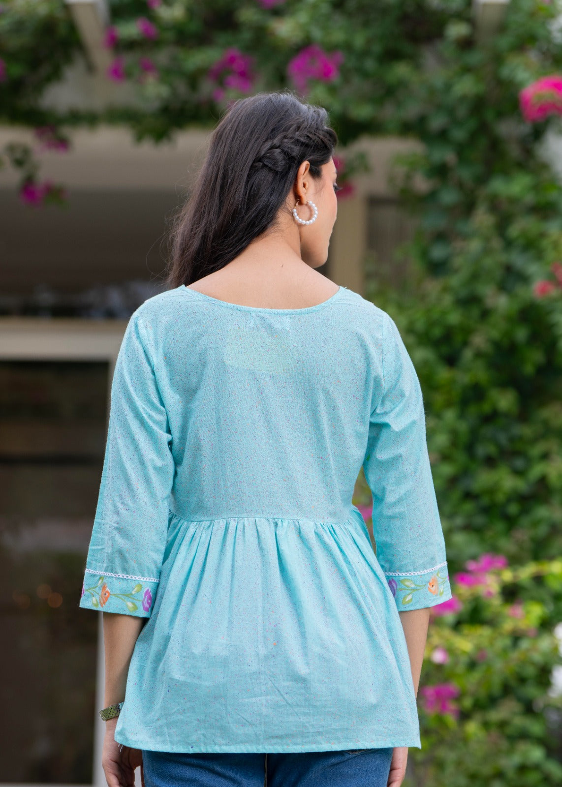 Women floral embroidered cotton top with lace up neck
