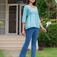 Women floral embroidered cotton top with lace up neck