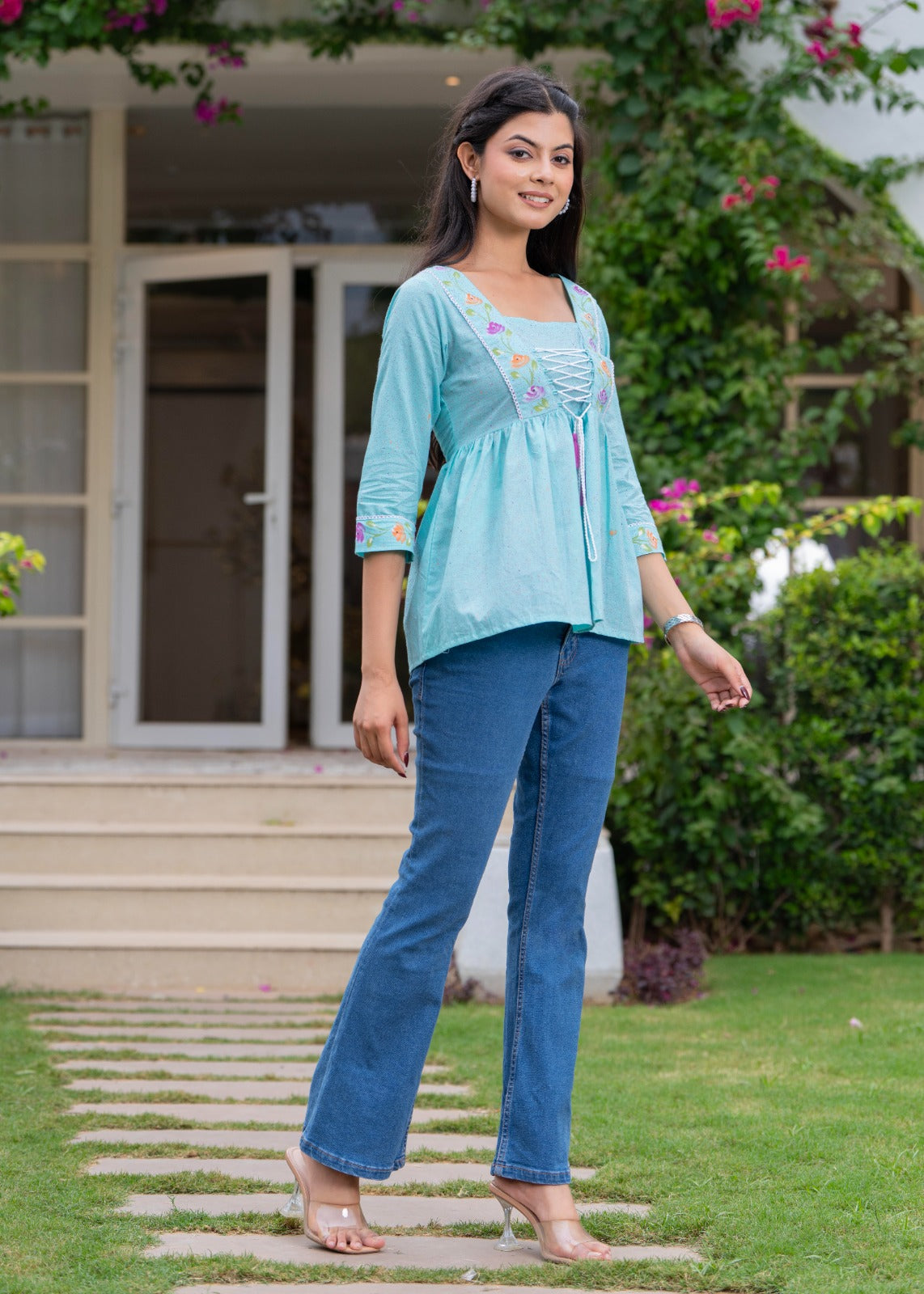 Women floral embroidered cotton top with lace up neck