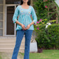 Women floral embroidered cotton top with lace up neck