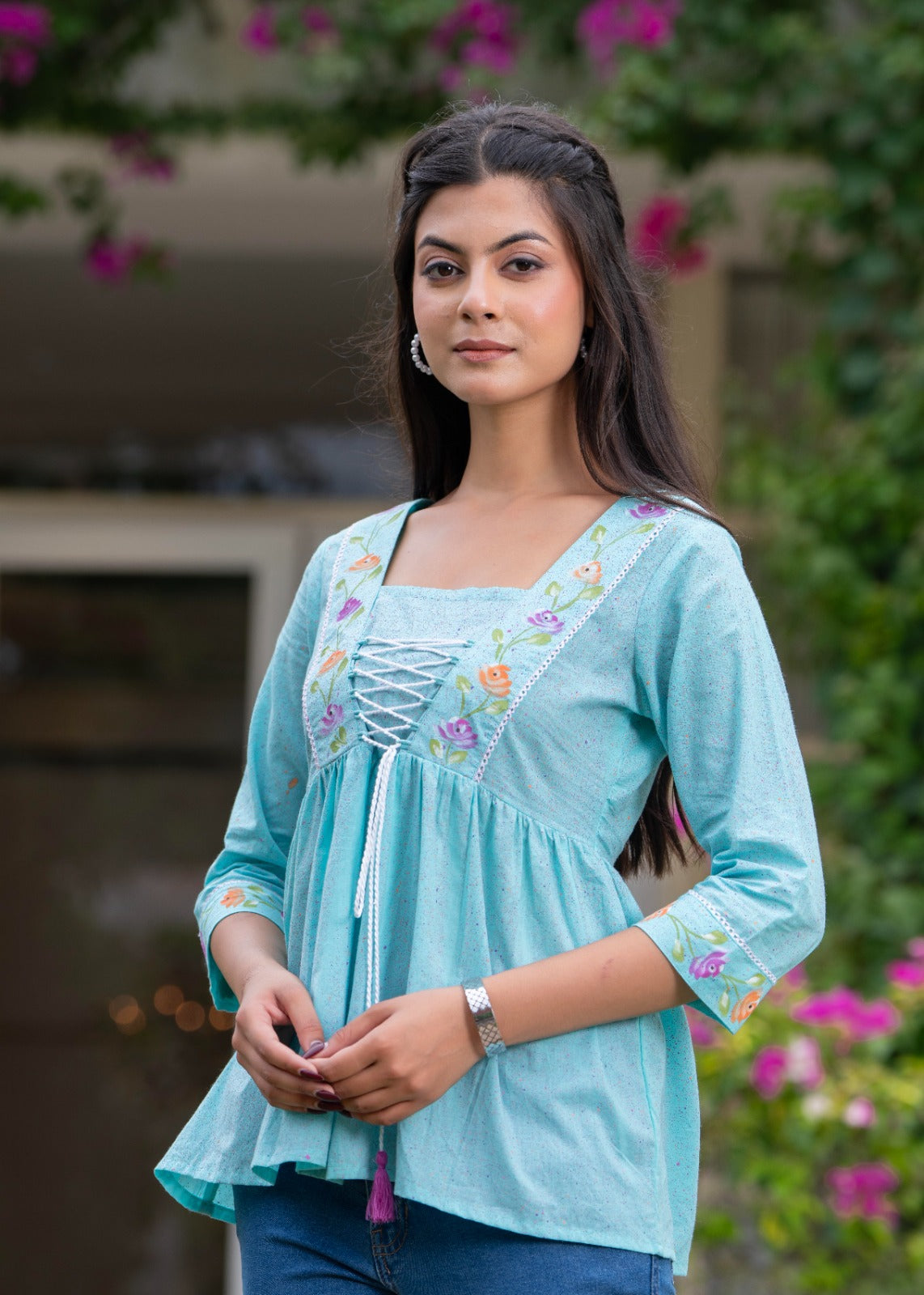 Women floral embroidered cotton top with lace up neck
