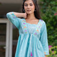 Women floral embroidered cotton top with lace up neck