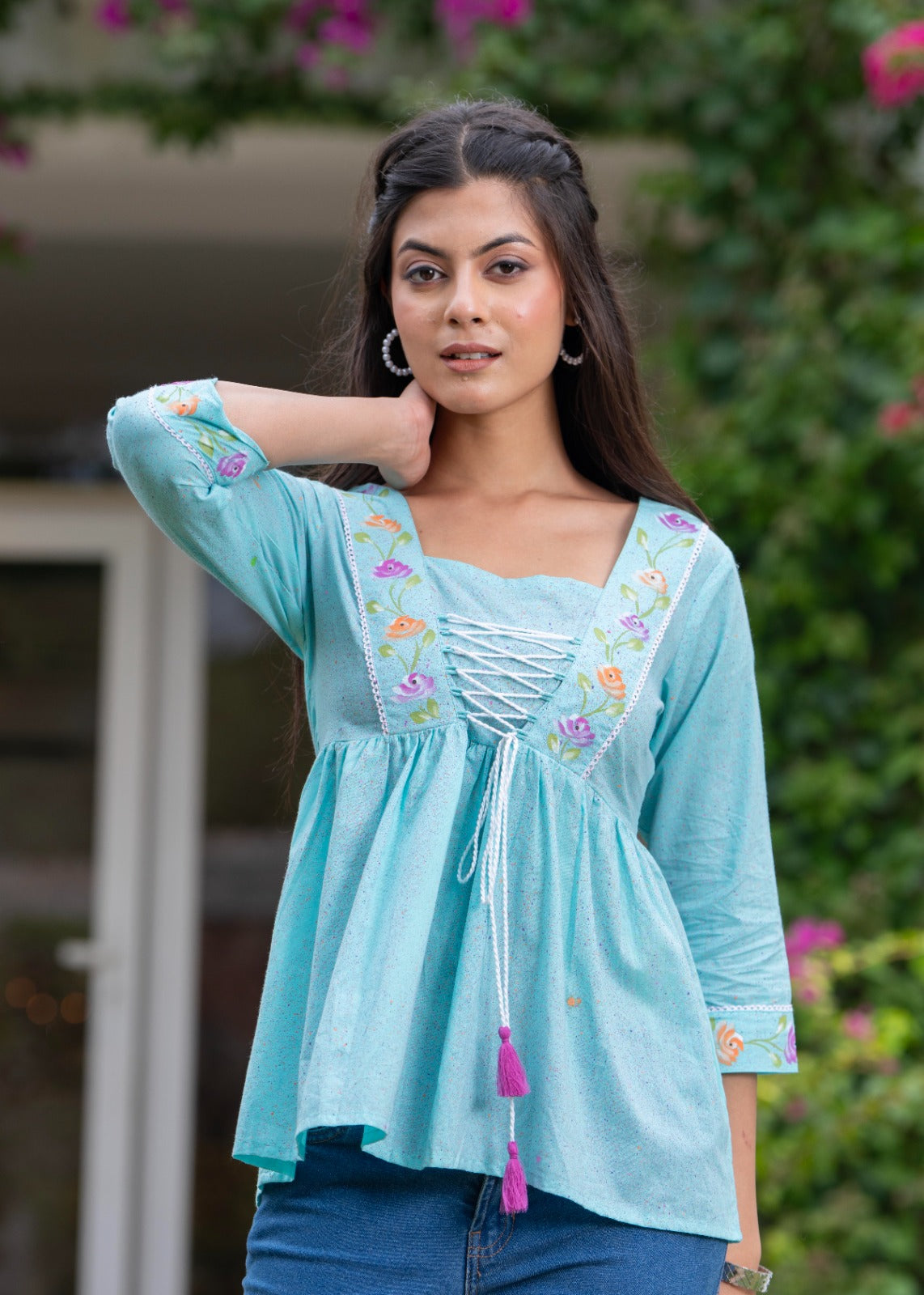 Women floral embroidered cotton top with lace up neck