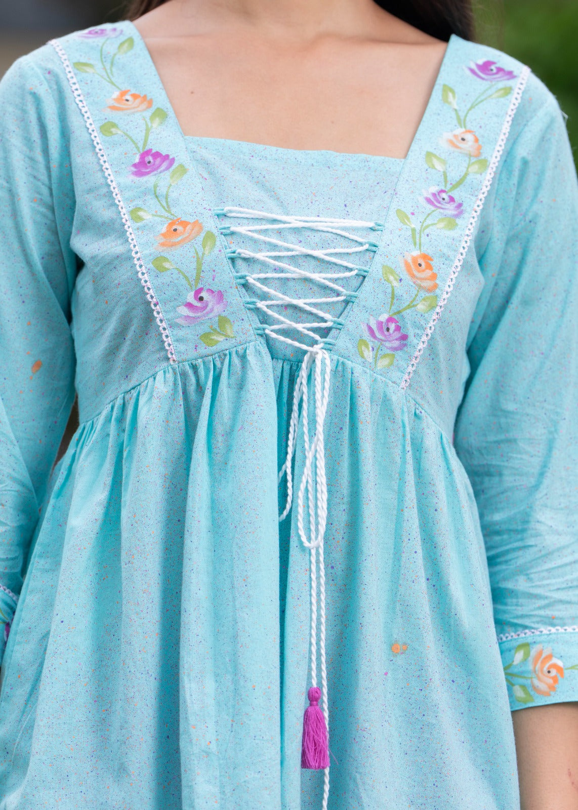 Women floral embroidered cotton top with lace up neck