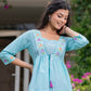Women floral embroidered cotton top with lace up neck